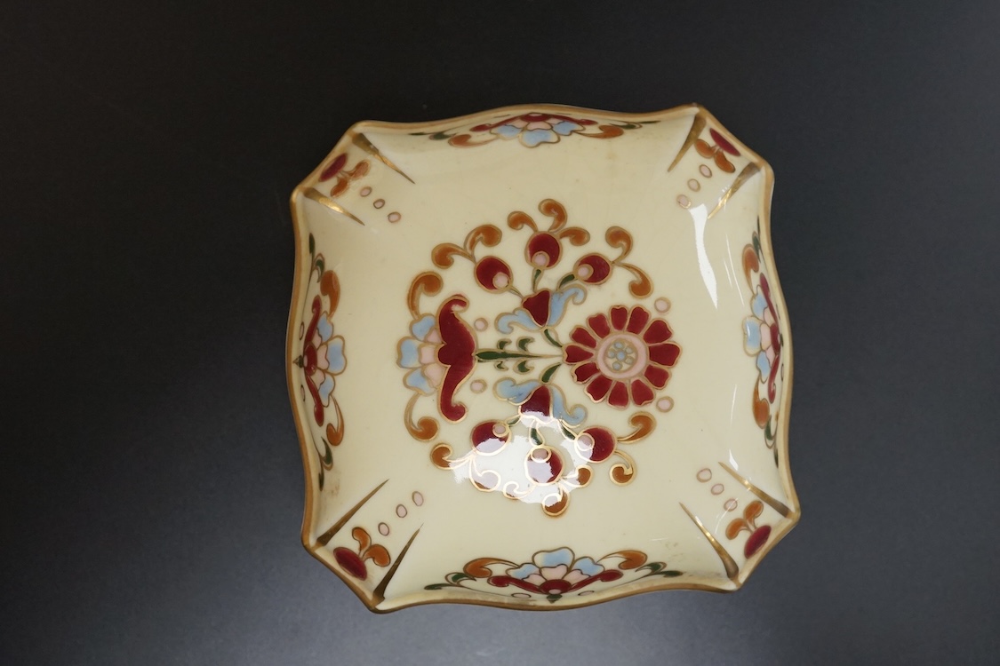 A Meissen plate, a Zsolnay box and cover, and two continental plates, largest 24cm in diameter